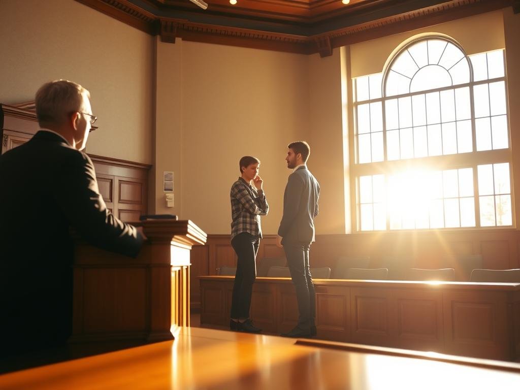 A spacious, sunlit courtroom, the judge's bench in the foreground, casting a warm glow. In the middle ground, a defense attorney and a young offender stand side by side, engaged in a thoughtful discussion. The background features a large window, letting in natural light and symbolizing the possibilities of a "meaningful opportunity" for rehabilitation and a second chance. The scene conveys a sense of hope, understanding, and the belief that with the right support, juvenile offenders can find a path towards a brighter future.