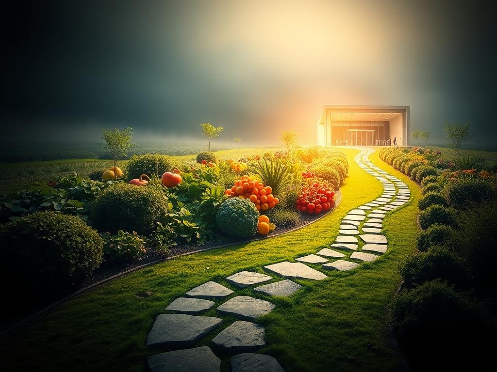 A sprawling landscape depicting a health and wellness trajectory. In the foreground, a winding path symbolizes a person's weight management journey, with incremental steps and milestones represented by stones or markers. The middle ground features a lush, verdant garden brimming with vibrant fruits, vegetables, and herbs, alluding to the importance of balanced nutrition. In the background, a sleek, modern gym or fitness center stands tall, casting a warm, motivating glow. The scene is illuminated by soft, diffused lighting, creating a sense of tranquility and introspection. The overall atmosphere conveys a harmonious blend of physical, mental, and emotional well-being, guiding the viewer towards a healthier, more sustainable future.