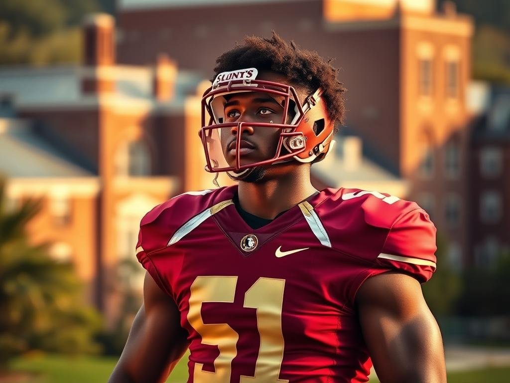 A striking portrait of an American football player in the iconic garnet and gold uniform of the Florida State University Seminoles, standing in a reflective, introspective pose against a backdrop of the university's historic brick buildings and verdant campus. Warm, golden-hour lighting casts dramatic shadows, capturing the player's determination and resilience. The image evokes the rich heritage and storied tradition of FSU's renowned football program, while conveying the personal journey of recovery and perseverance of this particular athlete.