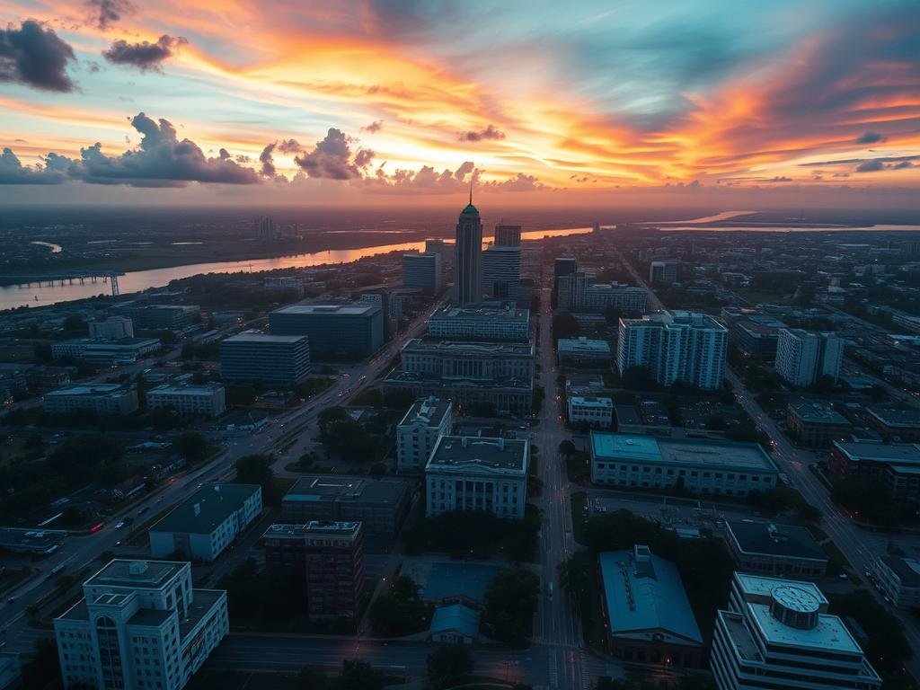 A stunning aerial view of Jacksonville, Florida, with a cinematic timeline unfolding across the scene. In the foreground, a tragic shooting incident is depicted with precise details, capturing the gravity and impact of the event. The middle ground shifts focus to the Florida State University campus, where a determined athlete is shown in the midst of their recovery journey, undergoing treatment at the renowned Brooks Rehabilitation center. The background showcases the resilience of the community, with a serene cityscape and a vibrant sky, suggesting the gradual healing and resilience that emerges in the aftermath. Dramatic lighting and a sense of narrative tension create an immersive and emotionally charged visual experience.