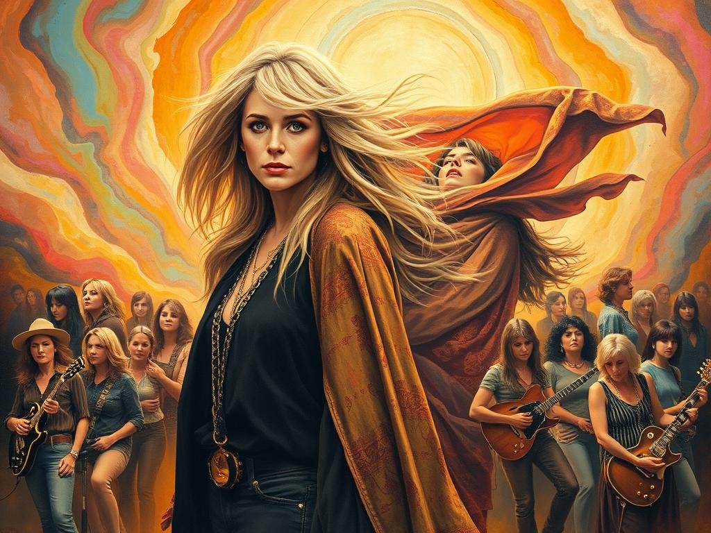 A stunning oil painting depicting the enduring influence of Grace Slick and Stevie Nicks on future artists. In the foreground, Grace Slick stands tall, her piercing gaze and flowing blonde hair commanding attention. Behind her, Stevie Nicks emerges, her signature shawl billowing in a mystical wind. The two women are surrounded by a swirling vortex of psychedelic colors and dreamlike imagery, representing the transcendent power of their music. In the background, a montage of emerging female musicians from various eras and genres pay homage to the trailblazing path set by these iconic figures. The painting is bathed in warm, golden tones, creating a sense of timelessness and the enduring legacy of these musical pioneers.