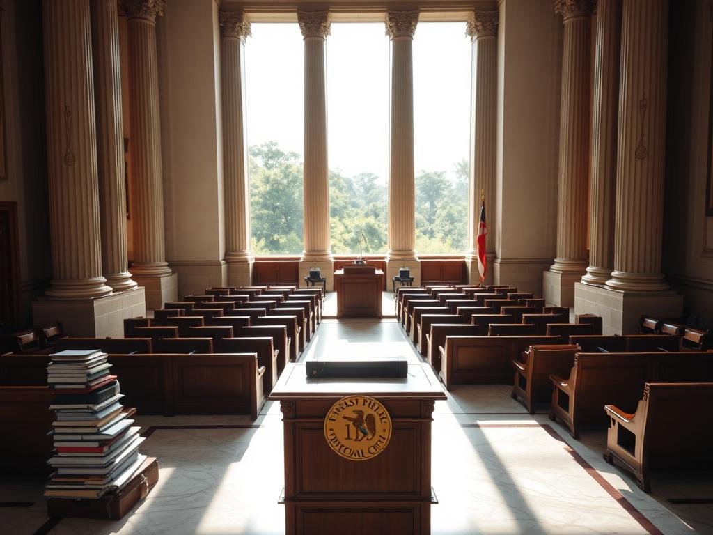 A sun-dappled courtroom, its towering columns and ornate architecture casting long shadows across the marble floors. In the foreground, a podium stands, its surface polished to a shine, the seal of the 1st Judicial Circuit emblazoned upon it. Paperwork and case files are neatly stacked, hinting at the weighty legal matters to be discussed. Beyond, rows of sturdy oak benches await the arrival of lawyers, litigants, and the public, all seeking justice. The walls are adorned with framed portraits, the faces of esteemed judges who have presided over these hallowed halls. Through tall windows, the lush greenery of Santa Rosa County is visible, a gentle reminder of the diverse geographic region this court serves. An atmosphere of solemn responsibility pervades the scene, as the sacred duty of the judiciary is carried out.