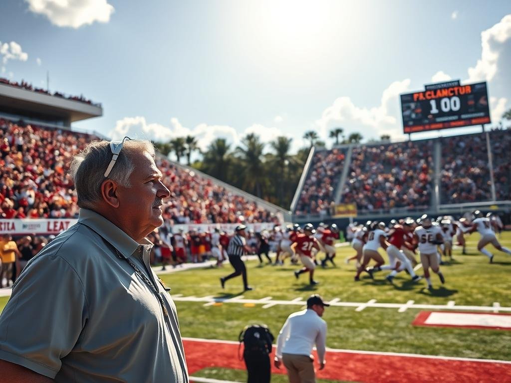 A sun-drenched Florida high school football stadium, the stands filled with cheering fans. On the field, two teams clash in an intense playoff matchup, their uniforms gleaming under the bright lights. The players sprint and tackle, the roar of the crowd echoing through the air. In the foreground, a head coach paces the sideline, brows furrowed in concentration, strategizing the next play. The scoreboard in the background displays the close-fought score, capturing the high-stakes drama of the Florida high school football playoffs.