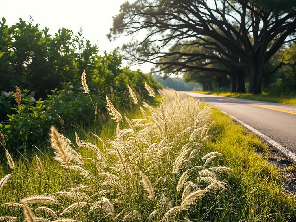 A sun-drenched roadside, flanked by a sprawling expanse of lush, verdant foliage. In the foreground, a thick carpet of trampweed, its delicate, feathery leaves swaying gently in the breeze. The middle ground features a mix of native grasses and wildflowers, their vibrant hues complementing the muted tones of the trampweed. In the background, a row of towering oak trees, their branches casting a gentle, dappled shadow over the scene. The lighting is soft and natural, with a warm, golden glow illuminating the landscape. The perspective is slightly elevated, offering a panoramic view of the roadside and the surrounding environment. The overall mood is one of serene tranquility, inviting the viewer to appreciate the delicate balance of nature and the challenges of managing this resilient weed.
