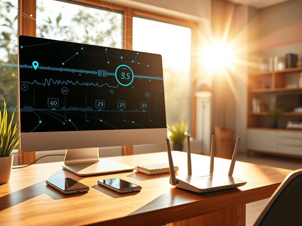 A sunlit home office with a desktop computer, smartphone, and broadband router on a sleek wooden desk. In the background, a visualization of network connectivity, with flowing data streams and fluctuating speed indicators. Warm, natural lighting filters through large windows, creating a sense of reliability and efficiency. The foreground shows a user confidently interacting with their devices, reflecting the seamless, high-speed internet experience. The overall scene conveys the assurance of consistent, high-performance broadband service for modern living and remote work.