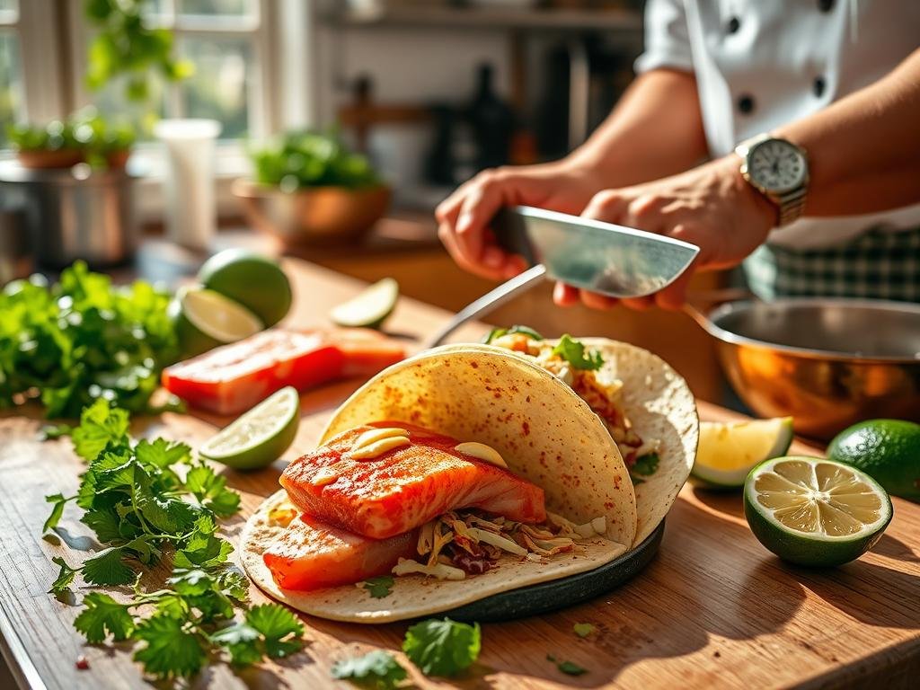 A sunlit kitchen counter overflows with vibrant ingredients - fresh cilantro, ripe avocados, tangy lime wedges, and succulent redfish fillets. Copper cookware gleams as a skilled chef effortlessly wields a razor-sharp knife, deftly filleting the fish with bold, assured strokes. The air is thick with the aroma of toasted spices and sizzling oil, as the chef carefully assembles the tacos, layering the flaky, crimson-hued redfish with crisp cabbage slaw and a drizzle of creamy, zesty sauce. Warm, soft tortillas await, ready to enfold this masterful fusion of flavors. The scene is one of culinary artistry, where fresh, high-quality ingredients meet expert technique to create a truly mouthwatering vision. A sunlit kitchen counter overflows with vibrant ingredients - fresh cilantro, ripe avocados, tangy lime wedges, and succulent redfish fillets. Copper cookware gleams as a skilled chef effortlessly wields a razor-sharp knife, deftly filleting the fish with bold, assured strokes. The air is thick with the aroma of toasted spices and sizzling oil, as the chef carefully assembles the tacos, layering the flaky, crimson-hued redfish with crisp cabbage slaw and a drizzle of creamy, zesty sauce. Warm, soft tortillas await, ready to enfold this masterful fusion of flavors. The scene is one of culinary artistry, where fresh, high-quality ingredients meet expert technique to create a truly mouthwatering vision.