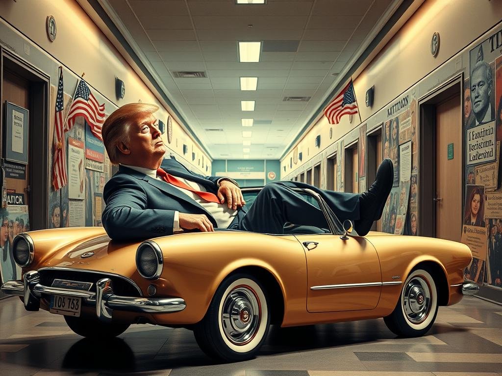 A surreal landscape where the iconic Ferris Bueller's Day Off film collides with the modern political landscape. In the foreground, a larger-than-life figure resembling former President Donald Trump lounges on a vintage sports car, mirroring the carefree spirit of the classic movie. The middle ground features a distorted high school hallway, hinting at the dichotomy between youthful rebellion and the consequences of leadership. The background is a kaleidoscopic blend of political imagery, cautionary symbols, and pop culture references, creating a visually striking and thought-provoking scene. The overall atmosphere is one of disquiet, inviting the viewer to ponder the lessons we may have missed when pop culture and policy intersect.