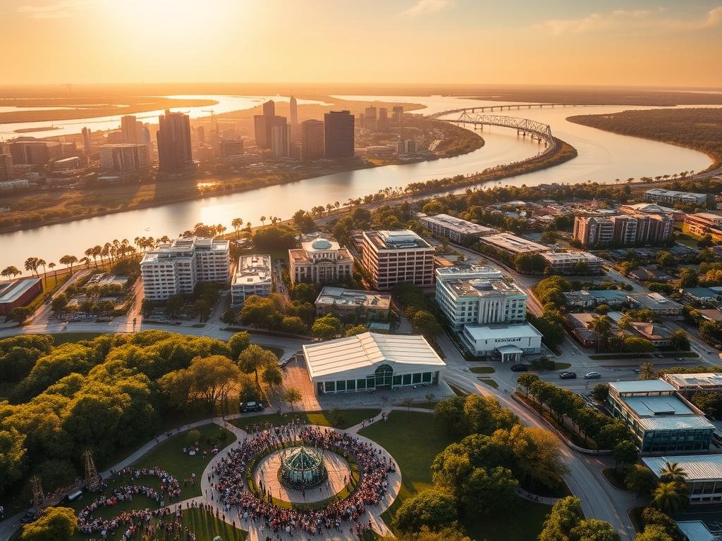 A sweeping aerial view of four Florida cities - Jacksonville, Orlando, Tampa Bay, and Fort Myers - as they recover from a crisis and come together as a community. The skylines are bathed in warm, golden sunlight, reflecting off the waters of their iconic rivers and bays. In the foreground, people gather in parks and public spaces, their faces expressing resilience and hope. In the middle ground, emergency responders and volunteers work tirelessly to restore essential services. The background reveals the diverse landscapes of these cities, from lush subtropical forests to bustling commercial districts. An atmosphere of unity, strength, and determination permeates the scene, capturing the spirit of these communities as they overcome adversity.
