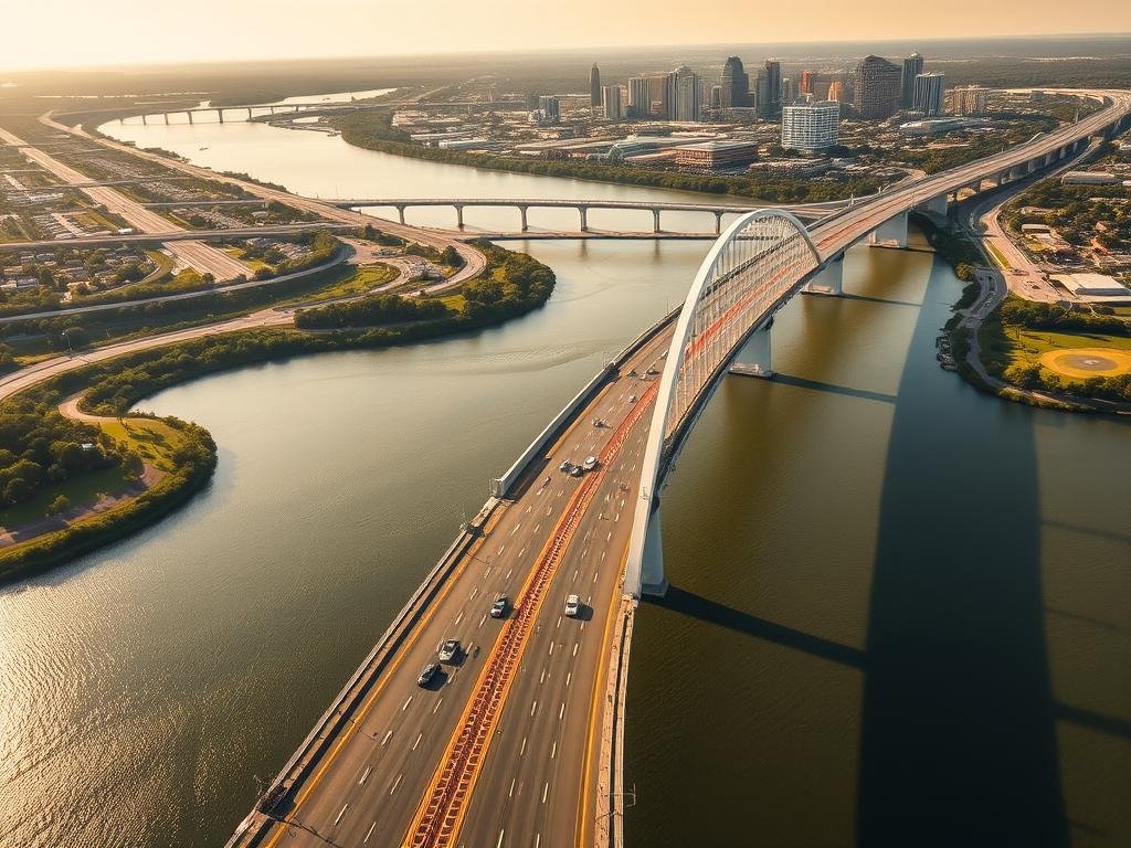 A sweeping aerial view of the Buckman Bridge, a major highway overpass spanning the St. Johns River in Jacksonville, Florida. The bridge's distinctive arched design and double-deck structure stand out against a backdrop of the city's skyline and the winding river below. The foreground showcases the bridge's key technical specifications, including its impressive length of 6,372 feet, adherence to modern engineering standards, and daily traffic volume of over 100,000 vehicles. The scene is illuminated by warm, diffused sunlight, creating a sense of scale and grandeur befitting this vital transportation landmark.