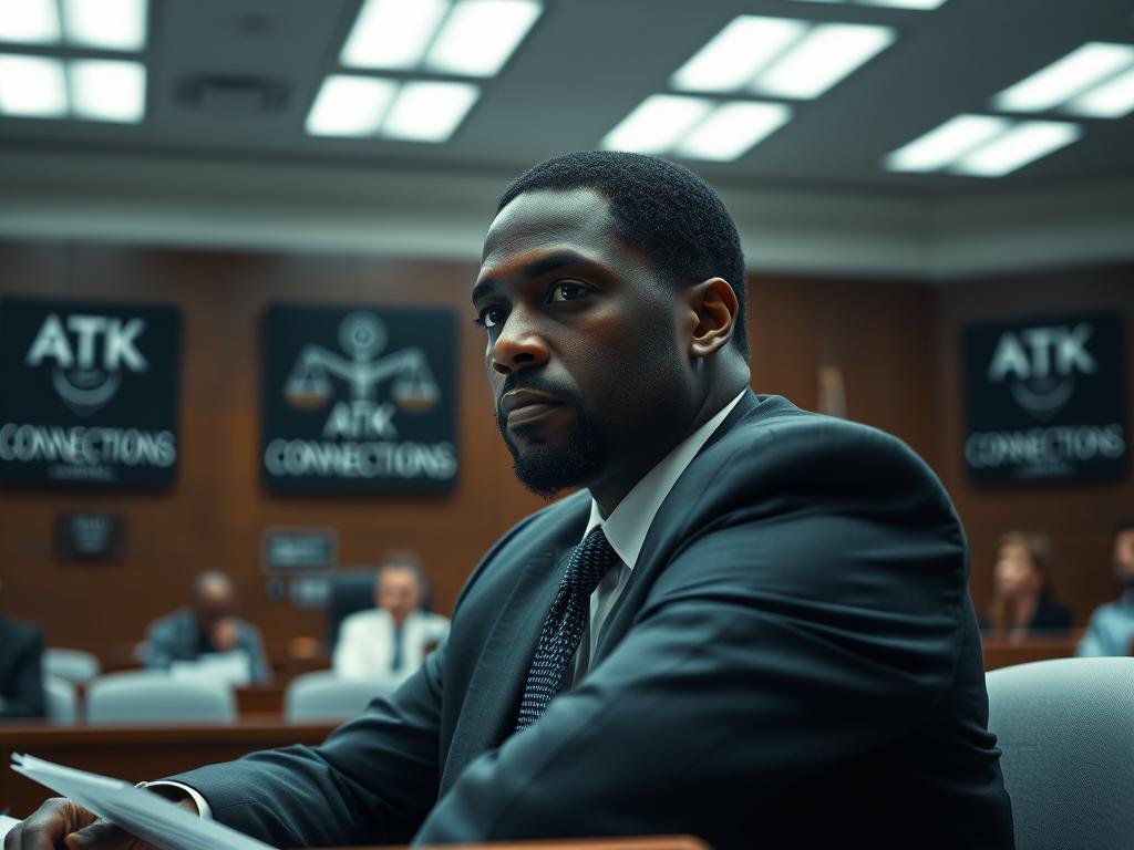 A tense courtroom scene featuring Co-Defendant Leroy Whitaker Jr., a Black man in his 30s dressed in smart business attire, sitting at a table with legal documents in front of him. His expression is serious, reflecting the gravity of the situation. In the background, subtle suggestions of ATK Connections through faint logos on the courtroom walls and soft-focus images of legal professionals discussing strategy. The atmosphere is charged with tension and unease, illuminated by overhead fluorescent lights that create harsh shadows. The angle is slightly angled from the side, capturing both Leroy and the context of the courtroom. The color palette is muted, focusing on grays and blues to emphasize the somber mood. A tense courtroom scene featuring Co-Defendant Leroy Whitaker Jr., a Black man in his 30s dressed in smart business attire, sitting at a table with legal documents in front of him. His expression is serious, reflecting the gravity of the situation. In the background, subtle suggestions of ATK Connections through faint logos on the courtroom walls and soft-focus images of legal professionals discussing strategy. The atmosphere is charged with tension and unease, illuminated by overhead fluorescent lights that create harsh shadows. The angle is slightly angled from the side, capturing both Leroy and the context of the courtroom. The color palette is muted, focusing on grays and blues to emphasize the somber mood.