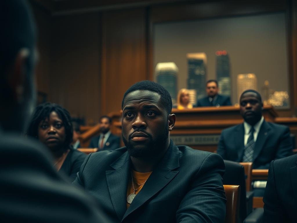 A tense courtroom scene in downtown Jacksonville, the air thick with the weight of the city's rap and gang rivalries. In the foreground, the defendant, Hakeem "Ksoo" Robinson, sits solemnly, surrounded by his legal team, their faces etched with grim determination. The judge, illuminated by warm, focused lighting, presides over the proceedings, their stern expression conveying the gravity of the situation. In the background, the city skyline looms, a muted palette of greys and blues hinting at the underlying tensions that have culminated in this trial. The scene is captured with a cinematic, wide-angle lens, drawing the viewer into the charged atmosphere of Jacksonville's complex criminal justice landscape. A tense courtroom scene in downtown Jacksonville, the air thick with the weight of the city's rap and gang rivalries. In the foreground, the defendant, Hakeem "Ksoo" Robinson, sits solemnly, surrounded by his legal team, their faces etched with grim determination. The judge, illuminated by warm, focused lighting, presides over the proceedings, their stern expression conveying the gravity of the situation. In the background, the city skyline looms, a muted palette of greys and blues hinting at the underlying tensions that have culminated in this trial. The scene is captured with a cinematic, wide-angle lens, drawing the viewer into the charged atmosphere of Jacksonville's complex criminal justice landscape.