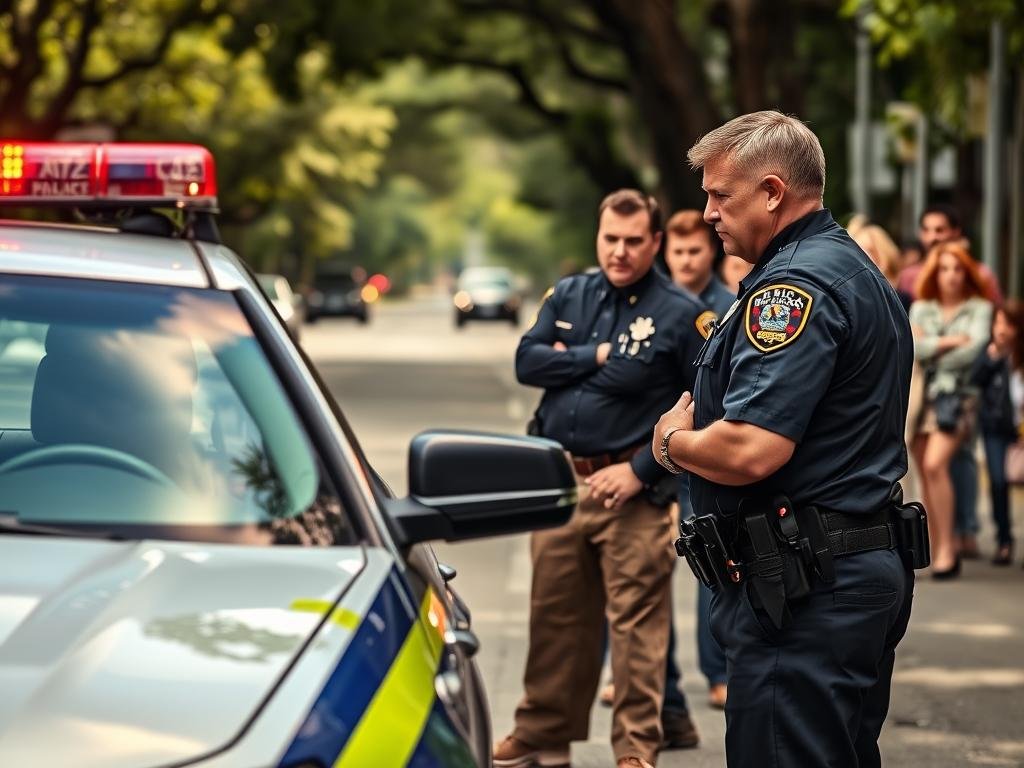 A tense scene of a traffic stop in Jacksonville, featuring a police car with lights flashing in the foreground. A police officer, dressed in a professional uniform, is interacting with a driver seated in a modestly dressed vehicle, demonstrating a calm yet serious demeanor. In the middle ground, another officer stands by with a concerned expression, ensuring the situation remains under control. The background shows a city street lined with trees, with onlookers in professional business attire observing the incident from a safe distance, capturing the atmosphere of a community that is both engaged and apprehensive. Use bright, natural daylight to enhance details, shot from a low angle to emphasize the traffic stop with a slight depth of field effect to blur the background slightly, focusing on the interaction between the officers and the driver. A tense scene of a traffic stop in Jacksonville, featuring a police car with lights flashing in the foreground. A police officer, dressed in a professional uniform, is interacting with a driver seated in a modestly dressed vehicle, demonstrating a calm yet serious demeanor. In the middle ground, another officer stands by with a concerned expression, ensuring the situation remains under control. The background shows a city street lined with trees, with onlookers in professional business attire observing the incident from a safe distance, capturing the atmosphere of a community that is both engaged and apprehensive. Use bright, natural daylight to enhance details, shot from a low angle to emphasize the traffic stop with a slight depth of field effect to blur the background slightly, focusing on the interaction between the officers and the driver.