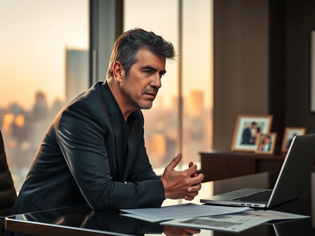 A thoughtful Simon Cowell, dressed in a sleek dark suit, sits in a modern office setting, reflecting on a recent interaction. In the foreground, he leans slightly forward, with a contemplative expression, his hands clasped together. The middle of the image features a tasteful desk with a laptop open, papers strewn about, and framed photos hinting at his music industry career. In the background, a large window showcases a cityscape bathed in soft, warm sunlight, creating a serene yet focused atmosphere. The lighting is soft and diffused, highlighting Cowell’s facial features while casting gentle shadows. The overall mood conveys introspection and professionalism, capturing the essence of separating public perception from private reality.