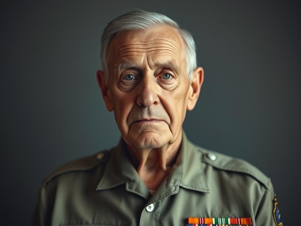 A thoughtful portrait of John Spitzberg, 87-year-old Gainesville veteran, set against a muted, dignified backdrop. Soft lighting illuminates his weathered face, conveying a sense of quiet contemplation. The frame captures his upper body, framed by a crisp military uniform, medals glinting subtly. Spitzberg's gaze is steady, piercing, hinting at a lifetime of service and experience. The composition is balanced, formal, inviting the viewer to consider the man behind the uniform, the story he has to share. An atmosphere of reverence and respect pervades the scene, honoring the veteran's lifetime of dedication. A thoughtful portrait of John Spitzberg, 87-year-old Gainesville veteran, set against a muted, dignified backdrop. Soft lighting illuminates his weathered face, conveying a sense of quiet contemplation. The frame captures his upper body, framed by a crisp military uniform, medals glinting subtly. Spitzberg's gaze is steady, piercing, hinting at a lifetime of service and experience. The composition is balanced, formal, inviting the viewer to consider the man behind the uniform, the story he has to share. An atmosphere of reverence and respect pervades the scene, honoring the veteran's lifetime of dedication.