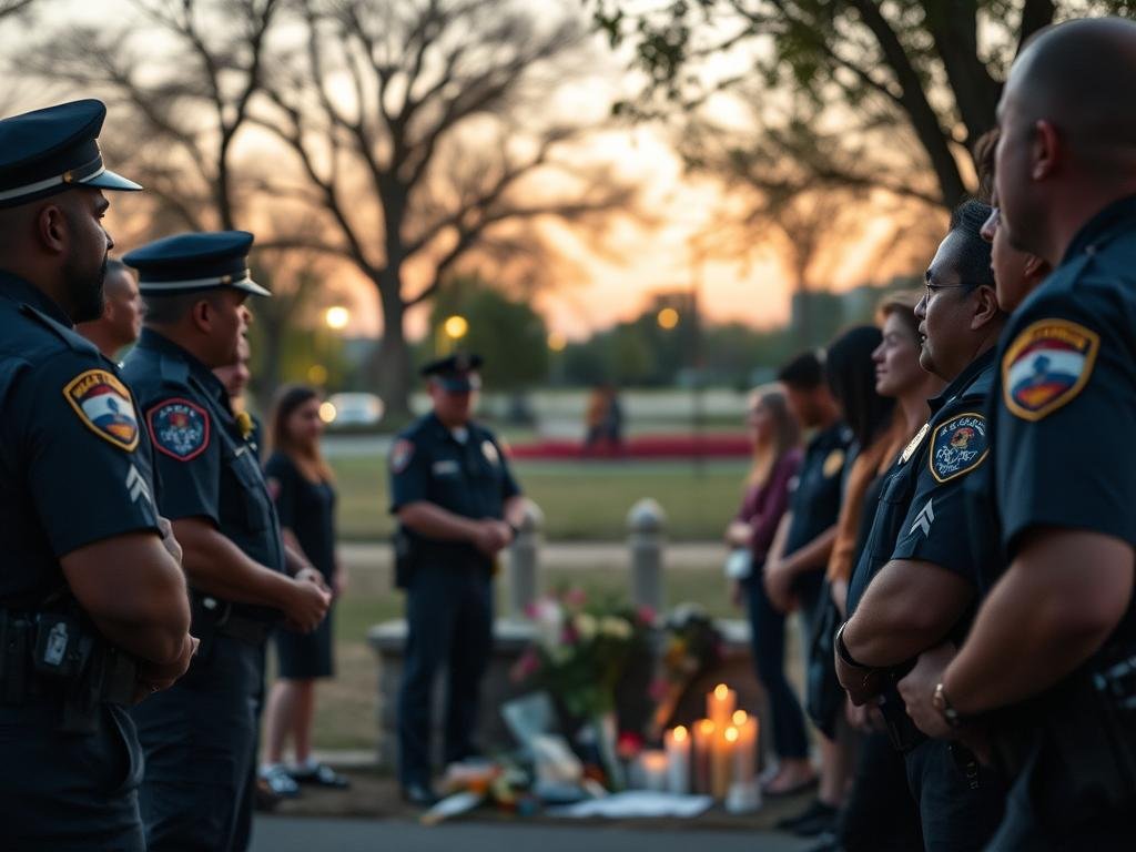 A thoughtful scene capturing local law enforcement developments and public safety in a community setting. In the foreground, a diverse group of police officers in professional uniforms engages with concerned citizens, offering support and information. In the middle ground, a modest makeshift memorial featuring flowers and candles symbolizes community solidarity. The background showcases a serene park with trees, gently illuminated by the warm glow of streetlights during the twilight hour, creating an atmosphere of reflection and hope. The focus should be on the officers' respectful demeanor and the supportive interaction with the community, all framed with a slightly blurred depth of field to enhance the emotional tone of the scene. Soft lighting casts a warm, inviting glow, evoking a sense of unity and safety. A thoughtful scene capturing local law enforcement developments and public safety in a community setting. In the foreground, a diverse group of police officers in professional uniforms engages with concerned citizens, offering support and information. In the middle ground, a modest makeshift memorial featuring flowers and candles symbolizes community solidarity. The background showcases a serene park with trees, gently illuminated by the warm glow of streetlights during the twilight hour, creating an atmosphere of reflection and hope. The focus should be on the officers' respectful demeanor and the supportive interaction with the community, all framed with a slightly blurred depth of field to enhance the emotional tone of the scene. Soft lighting casts a warm, inviting glow, evoking a sense of unity and safety.