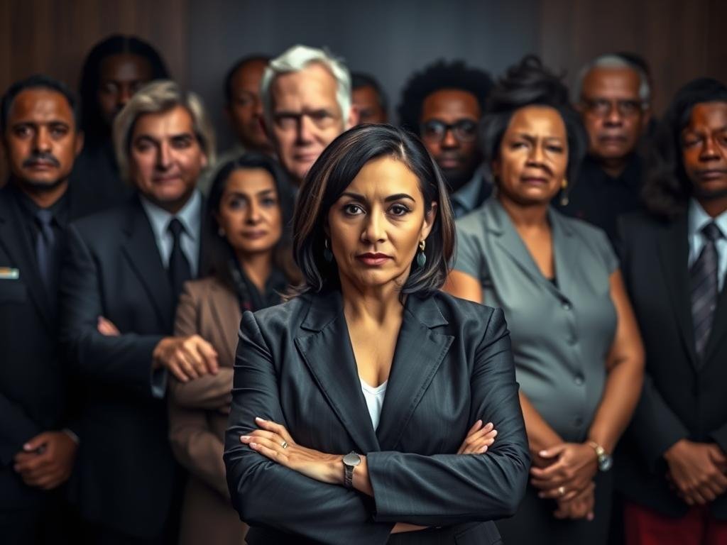 A tightly composed group portrait of the key individuals involved in the Jacksonville manslaughter case featuring Julio Foolio. In the foreground, a stern-faced woman in a business suit stands with her arms crossed, the focal point of the image. Behind her, a mix of law enforcement officials, witnesses, and community leaders, each with distinctive features and expressions that convey the gravity and complexity of the case. The lighting is dramatic, with shadows casting across the faces, emphasizing the high-stakes nature of the situation. The background is blurred and subdued, keeping the attention on the central figures. An air of somber professionalism pervades the scene, reflecting the weight of the legal proceedings.