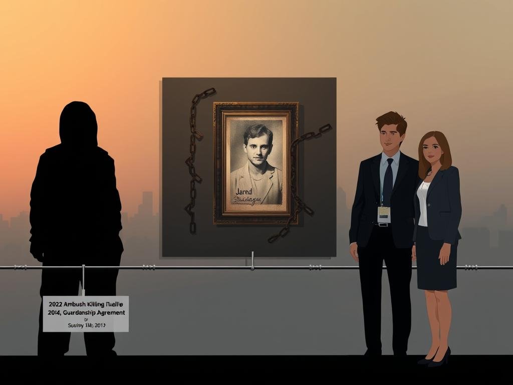 A timeline illustrated in a split-screen style depicting key moments from the 2022 Ambush Killing to the 2024 Guardianship Agreement. In the foreground, on the left, a somber silhouette of a shadowy figure, representing the 2022 incident, shrouded in dark, moody lighting. The middle layer showcases a fading photograph of Jared Bridegan, framed in a soft light, surrounded by symbolic imagery like broken chains. On the right, a well-dressed couple, depicted in professional attire, representing guardianship, stands confidently in a warmly lit environment. The background features a muted cityscape with a gradient sky from dusk to dawn, symbolizing the passage of time. The overall atmosphere is one of reflection, progression, and hope amidst tragedy.