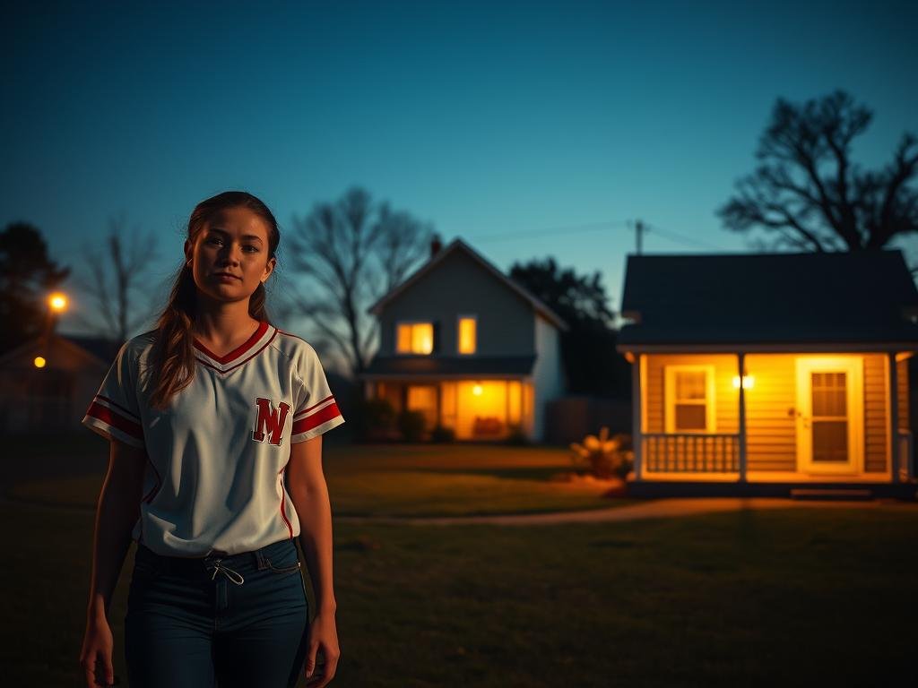 A timeline of Kristy Rogers' final night, captured in a series of vividly realistic scenes. In the foreground, Kristy stands at the baseball diamond, her softball uniform crisp and her expression focused, surrounded by teammates. The middle ground depicts her arriving at her boyfriend's house, a cozy suburban home bathed in warm, golden light. Finally, in the background, Kristy's father's modest residence, the porch light casting a soft glow as she is seen entering, the last confirmed sighting before her mysterious disappearance. The scene is rendered with a cinematic, documentary-style aesthetic, using a wide-angle lens to capture the interconnected moments of that fateful evening. A timeline of Kristy Rogers' final night, captured in a series of vividly realistic scenes. In the foreground, Kristy stands at the baseball diamond, her softball uniform crisp and her expression focused, surrounded by teammates. The middle ground depicts her arriving at her boyfriend's house, a cozy suburban home bathed in warm, golden light. Finally, in the background, Kristy's father's modest residence, the porch light casting a soft glow as she is seen entering, the last confirmed sighting before her mysterious disappearance. The scene is rendered with a cinematic, documentary-style aesthetic, using a wide-angle lens to capture the interconnected moments of that fateful evening.