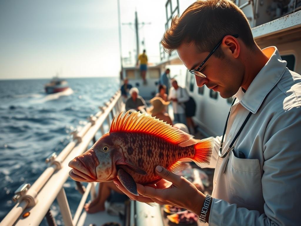 A tranquil marine research vessel gently navigates the open ocean, its crew carefully handling rare and fascinating sea creatures. In the foreground, a scientist meticulously examines a vibrant, otherworldly fish specimen, taking detailed notes and measurements. In the background, the vessel's deck is bustling with activity as researchers diligently study and catalog various marine life samples. Warm, diffused sunlight filters through the scene, creating a serene and contemplative atmosphere. The image conveys the importance of conservation efforts and scientific research, celebrating the wonder and diversity of the ocean's inhabitants.