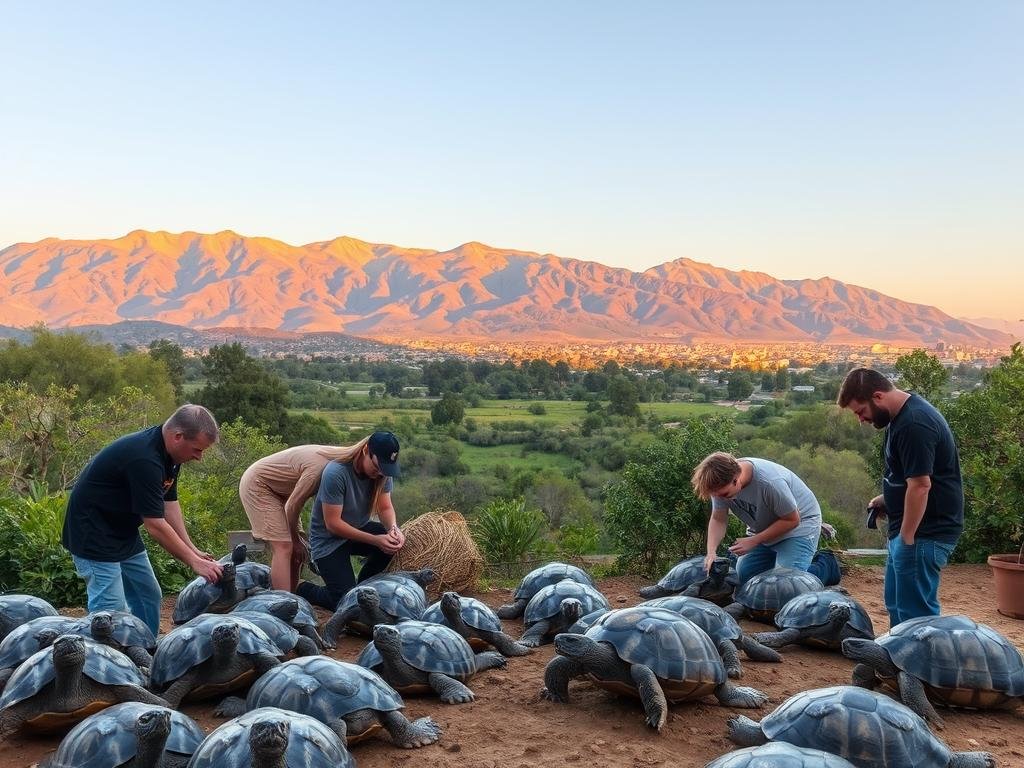 A tranquil turtle sanctuary nestled in the heart of Santa Clarita, California. In the foreground, a group of dedicated volunteers carefully tending to the needs of the resident reptiles, their hands gently guiding the gentle creatures. The middle ground reveals the lush, verdant landscape surrounding the sanctuary, a serene oasis amidst the bustling city. In the background, the majestic Santa Clarita mountains rise up, their peaks bathed in warm, golden light, casting a peaceful glow over the entire scene. The overall atmosphere is one of reverence, conservation, and the harmonious coexistence of humans and nature.