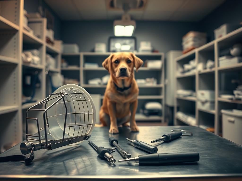 A veterinary clinic interior, dimly lit with warm overhead lighting. In the foreground, a metal muzzle, a plastic cone collar, and various sedation tools are neatly arranged on a steel examination table. The middle ground features a calm, docile dog sitting patiently, its gaze fixed on the camera. In the background, shelves of medical supplies and equipment create a sense of a professional, clinical environment. The mood is one of controlled, evidence-based care, conveying the responsible, effective use of these handling tools for the wellbeing of the animal.