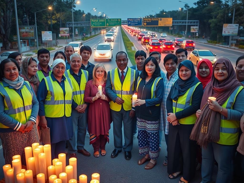 A vibrant community gathering illustrating road safety advocacy. In the foreground, a diverse group of individuals, including parents, children, and local officials, wearing professional and modest casual clothing, stand together holding reflective safety vests and flashlights. In the middle ground, a candlelit vigil with soft glowing candles creates a warm, hopeful atmosphere, symbolizing remembrance and community solidarity. The background features a busy road with clear signage about road safety, illuminated by streetlights, conveying a sense of urgency and awareness. The image is depicted in soft evening light, with a focus on the faces of the participants expressing determination and hope, captured from a slightly elevated angle to emphasize the unity of the community. A vibrant community gathering illustrating road safety advocacy. In the foreground, a diverse group of individuals, including parents, children, and local officials, wearing professional and modest casual clothing, stand together holding reflective safety vests and flashlights. In the middle ground, a candlelit vigil with soft glowing candles creates a warm, hopeful atmosphere, symbolizing remembrance and community solidarity. The background features a busy road with clear signage about road safety, illuminated by streetlights, conveying a sense of urgency and awareness. The image is depicted in soft evening light, with a focus on the faces of the participants expressing determination and hope, captured from a slightly elevated angle to emphasize the unity of the community.