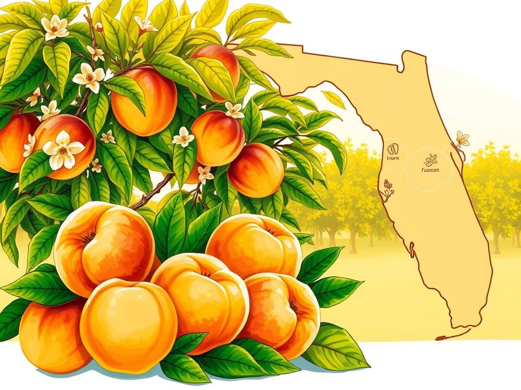 A vibrant, hand-drawn illustration depicting regional peach varieties suitable for cultivation in the diverse climate zones of Florida. In the foreground, a collection of peach fruit in varying shapes, sizes, and hues - from the blushing pink of the northern varieties to the deep golden tones of the southern cultivars. The middle ground showcases lush peach tree foliage, with delicate blossoms and leaves rendered in a botanical style. In the background, a stylized map of Florida divided into distinct regions, each with an icon or symbol representing the recommended peach types for that area. The illustration is bathed in warm, golden lighting, conveying the sun-drenched Florida landscape. The overall mood is informative yet visually captivating, guiding Florida peach growers towards the most suitable regional cultivars.