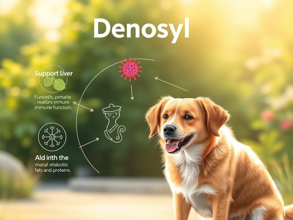 A vibrant illustration depicting the key benefits of the dietary supplement Denosyl for pets. In the foreground, a happy, healthy dog or cat sits contentedly, their coat shining with a healthy sheen. In the middle ground, visual representations of Denosyl's primary functions unfold - supporting liver health, promoting immune system function, and aiding in the metabolism of fats and proteins. The background features a serene, natural setting with lush greenery, hinting at the supplement's natural, plant-based composition. The lighting is warm and inviting, capturing the overall sense of well-being and vitality that Denosyl provides for beloved companion animals. Detailed, realistic rendering with a soft, soothing color palette.