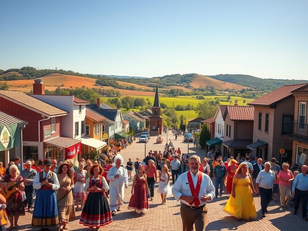 A vibrant outdoor scene capturing the essence of Niceville's heritage celebration. In the foreground, a lively parade featuring traditional costumes, colorful banners, and folk musicians playing lively tunes. The middle ground showcases a historic town square, with quaint buildings and cobblestone streets bustling with vendors and locals. In the background, rolling hills and a clear blue sky create a picturesque pastoral backdrop. Warm, golden lighting illuminates the scene, conveying a sense of timeless tradition and community spirit. The overall composition evokes a timeless, nostalgic atmosphere, celebrating the enduring roots of this cherished local festival.