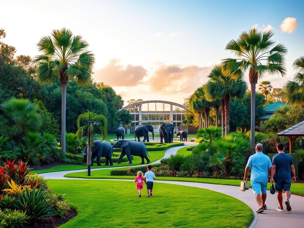 A vibrant outdoor scene capturing the essence of the Jacksonville Zoo and Gardens. In the foreground, a family strolls along a winding path, admiring the lush greenery and diverse flora. The middle ground features a majestic elephant exhibit, with the gentle giants interacting with their caretakers. In the background, a stunning view of the zoo's iconic entrance, framed by towering palm trees and a cloudless sky bathed in warm, golden light. The scene conveys a sense of wonder, exploration, and connection with nature, inviting visitors to immerse themselves in the rich experiences the zoo has to offer.