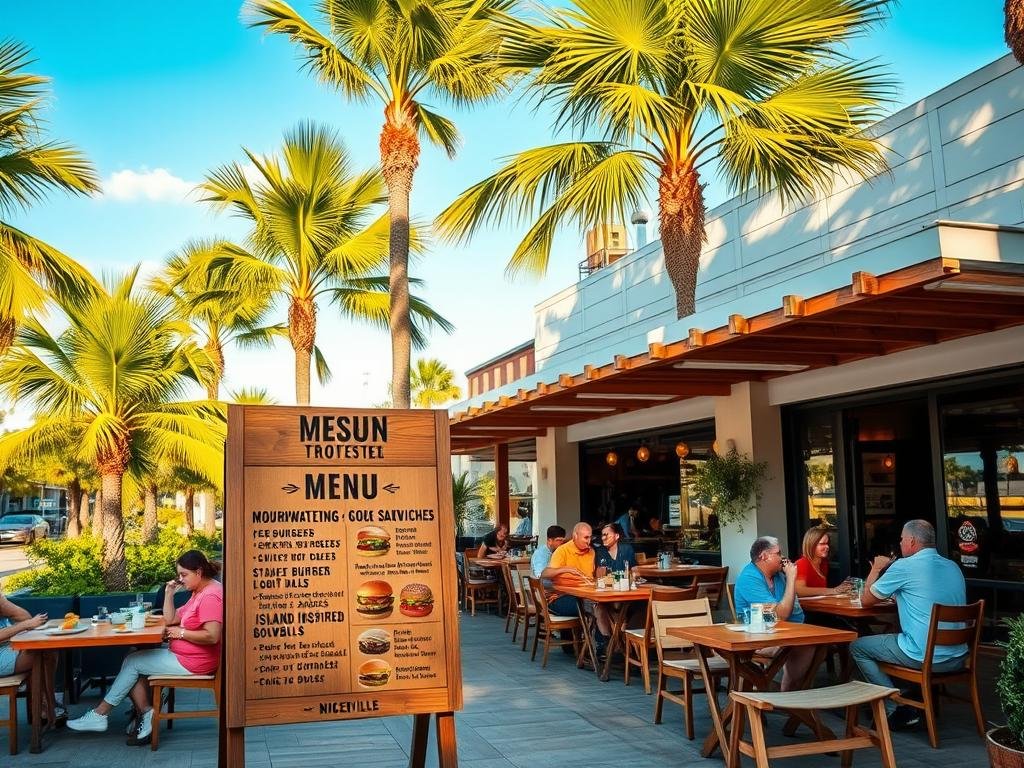 A vibrant outdoor scene featuring a modern, open-air restaurant with a tropical theme. In the foreground, a wooden menu board displays a mouthwatering selection of burgers, sandwiches, and island-inspired bowls. Patrons sit at cozy tables, enjoying their meals against a backdrop of swaying palm trees and a clear blue sky. Warm, natural lighting illuminates the scene, creating a welcoming and relaxed ambiance. The restaurant's facade features clean, contemporary design elements that seamlessly blend with the lush, coastal environment of Niceville. The overall composition captures the fusion of local fare and island-style hospitality that embodies the restaurant's menu and brand.