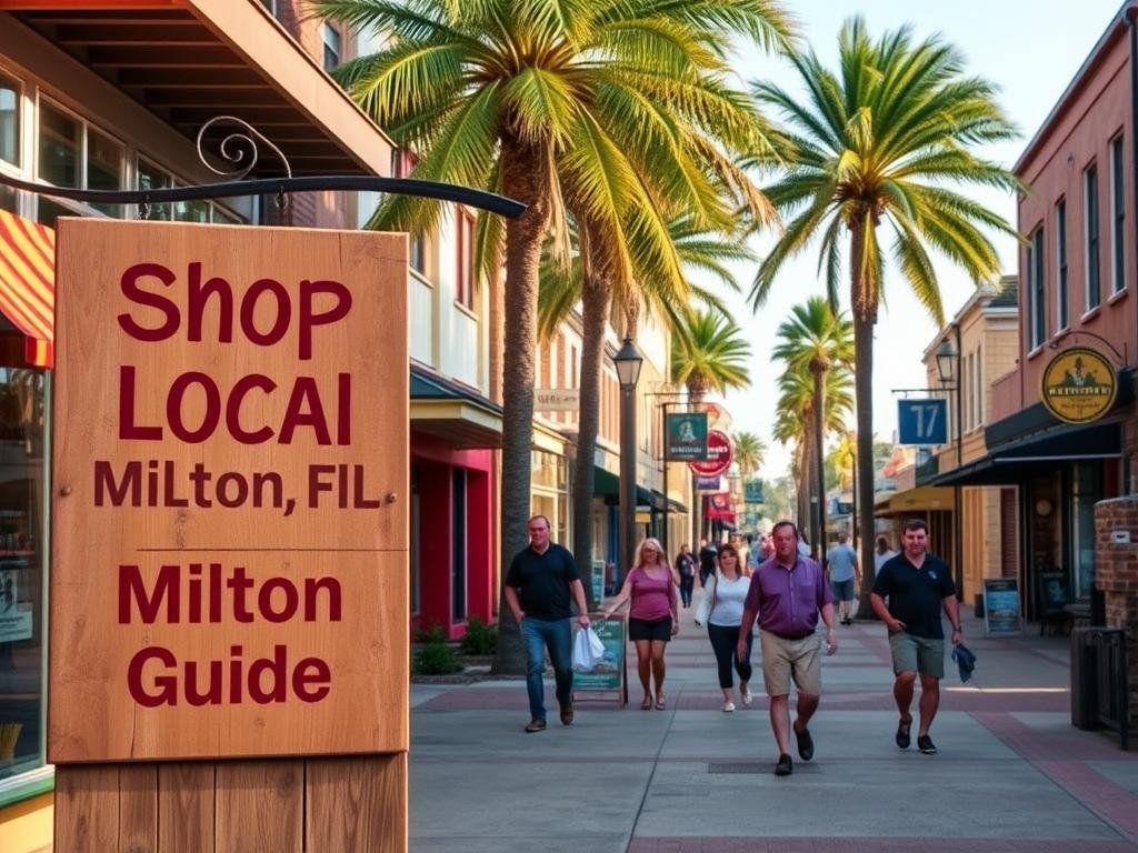 A vibrant, street-level scene in downtown Milton, FL, showcasing a curated selection of local businesses and their unique offerings. In the foreground, a rustic, weathered wooden sign prominently displays "Shop Local Milton FL Value Guide" against a backdrop of charming storefronts, their facades adorned with colorful awnings and inviting window displays. Pedestrians stroll along the sidewalk, their curiosity piqued by the inviting storefronts. In the middle ground, a mix of independent shops, family-owned restaurants, and artisanal boutiques line the street, their varied architectural styles and neon signs creating a lively, eclectic atmosphere. The background is framed by palm trees swaying gently in the warm, coastal breeze, hinting at the area's distinct local flavor. Warm, natural lighting bathes the scene, conveying a sense of vibrant community and the enduring spirit of small-town entrepreneurship.