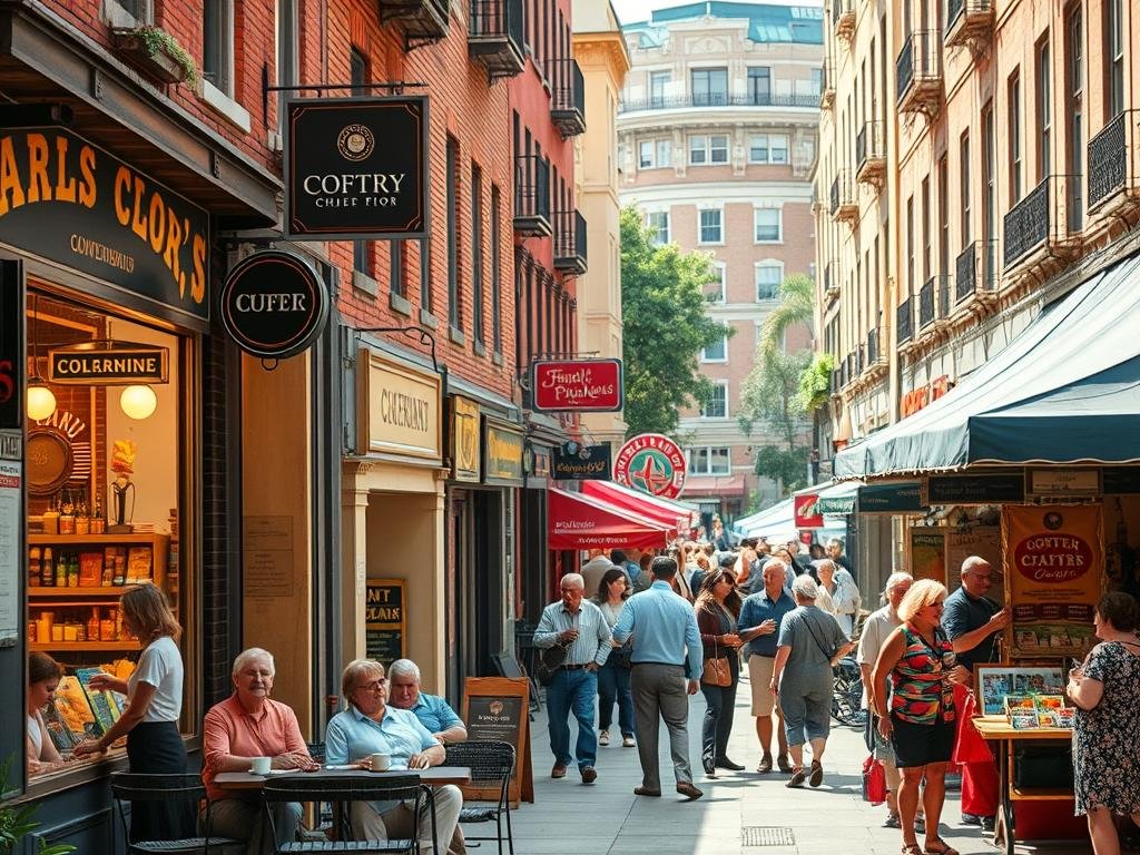A vibrant urban street scene with a diverse array of small businesses and community members engaged in lively discourse. The foreground features a cozy neighborhood cafe with patrons sipping coffee and conversing animatedly. The middle ground showcases the entrances of several local shops, their windows displaying a variety of goods and services. In the background, a bustling pedestrian plaza is filled with residents of all ages, some browsing artisanal market stalls, others gathering in impromptu discussion groups. Warm, natural lighting casts a welcoming glow, while the architectural details and signage evoke a sense of historical character and community identity. The overall mood is one of vitality, collaboration, and the resilience of small-scale enterprises. A vibrant urban street scene with a diverse array of small businesses and community members engaged in lively discourse. The foreground features a cozy neighborhood cafe with patrons sipping coffee and conversing animatedly. The middle ground showcases the entrances of several local shops, their windows displaying a variety of goods and services. In the background, a bustling pedestrian plaza is filled with residents of all ages, some browsing artisanal market stalls, others gathering in impromptu discussion groups. Warm, natural lighting casts a welcoming glow, while the architectural details and signage evoke a sense of historical character and community identity. The overall mood is one of vitality, collaboration, and the resilience of small-scale enterprises.
