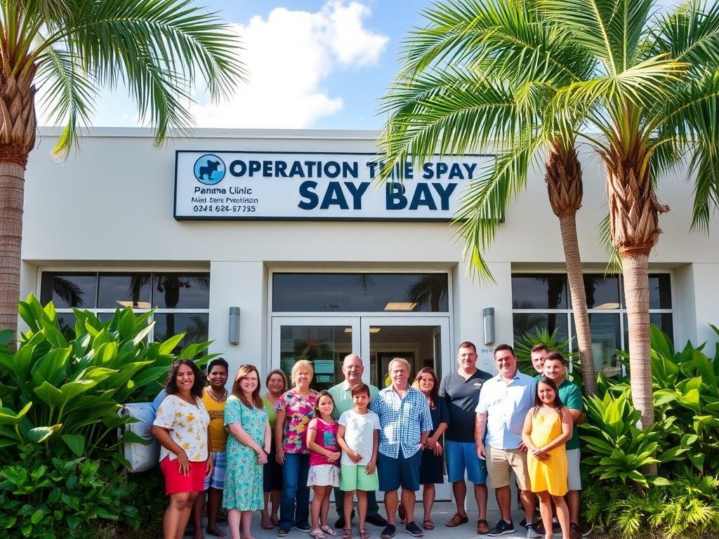 A vibrant, well-lit photograph showcasing the exterior of a veterinary clinic in Panama City, Florida. The building has a modern, clean facade with large windows and a prominent sign reading "Operation Spay Bay". In the foreground, a group of friendly people, both adults and children, are gathered outside, representing the diverse community served by the clinic. Lush greenery and palm trees frame the scene, creating a welcoming, tropical atmosphere. The image conveys a sense of accessibility, affordability, and a commitment to responsible pet ownership through the clinic's low-cost spay and neuter services.