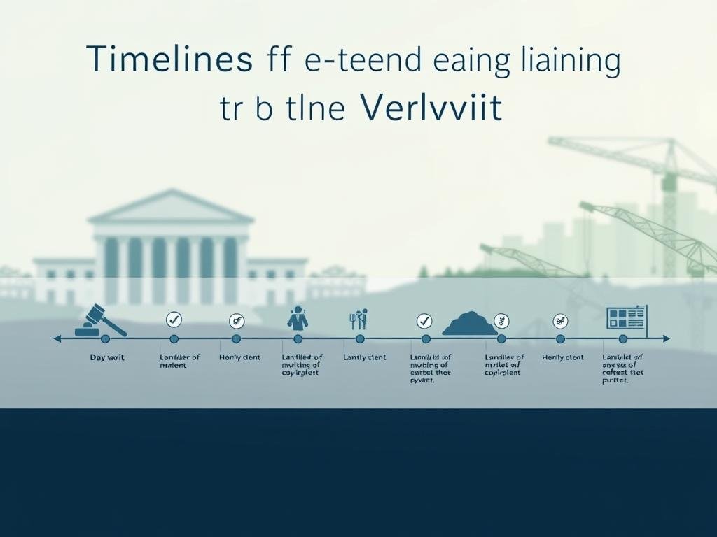 A visually engaging illustration of a "Timeline of Events Leading to the Verdict," depicting a series of key events in a linear format. In the foreground, a clean and organized visual timeline with distinct markers for each event, represented by simple icons or images, such as a gavel, a client, and a landfill. The middle layer includes a subtle gradient background with soft colors—muted blues and greens to evoke a serious yet calm atmosphere. The background features blurred silhouettes of a courthouse and a construction site to suggest context without distracting from the timeline. Soft, diffused lighting creates a professional tone, and the perspective is slightly angled to invite viewers into the scene. The overall mood is somber and reflective, suitable for an article on a legal verdict.