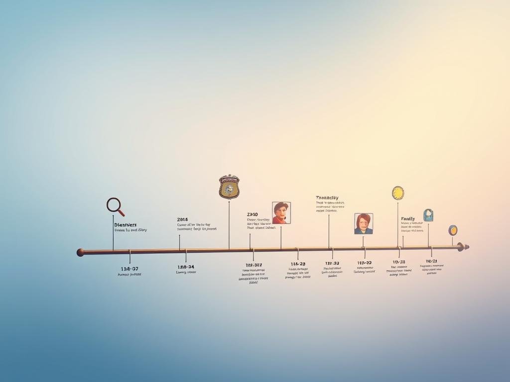 A visually engaging timeline illustration depicting key events and breakthroughs in the case of Kamiyah Mobley’s abduction. In the foreground, a sleek, modern timeline stretching horizontally captures essential dates marked by icons such as a magnifying glass for discoveries and a calendar for significant events. In the middle ground, subtle images symbolize pivotal moments, like a police badge representing the investigation and a family photo symbolizing hope. The background features a gradient of soft blues and whites, suggesting a contemplative atmosphere. Utilize a warm, soft lighting effect to evoke a sense of empathy and reflection. The angle should be slightly elevated to provide a comprehensive overview of the timeline, presenting a cohesive connection among the events without any text or distractions.