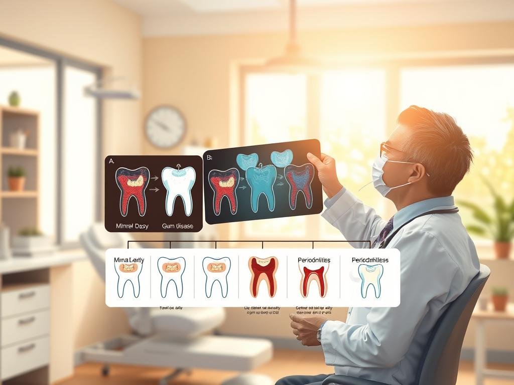 A visually striking illustration depicting the escalation of common dental diseases, structured in three layers: In the foreground, a dentist in professional attire examines a patient’s X-ray, showcasing signs of tooth decay and gum disease. In the middle ground, a series of illustrative diagrams highlight the progression from minor dental issues to severe conditions like periodontitis and tooth loss, visually connecting each stage. The background should feature a dental office, warmly lit with natural light filtering through large windows, creating an inviting atmosphere. The mood is educational and serious, aiming to convey a sense of urgency in addressing dental health. Emphasize clarity and detail in the representation of dental health indicators, ensuring a clean and professional layout without any text or distractions.