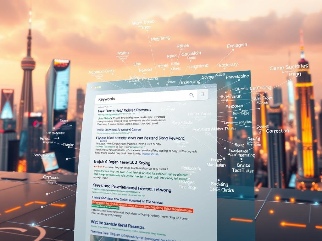 A visually striking illustration of "SEO insights: related searches and keywords readers use". The foreground features a dynamic data visualization displaying various search terms and related keywords in an interactive, interconnected network. The middle ground showcases a search engine results page (SERP) with informative snippets, rich media, and organic listings. The background depicts a futuristic cityscape of digital towers and holographic displays, creating a sense of technological sophistication. Warm lighting and a neutral color palette convey a professional, analytical mood. The composition is balanced, with a focal point drawing the eye to the central data visualization. Technical details include a wide-angle lens, shallow depth of field, and cinematic camera angle.