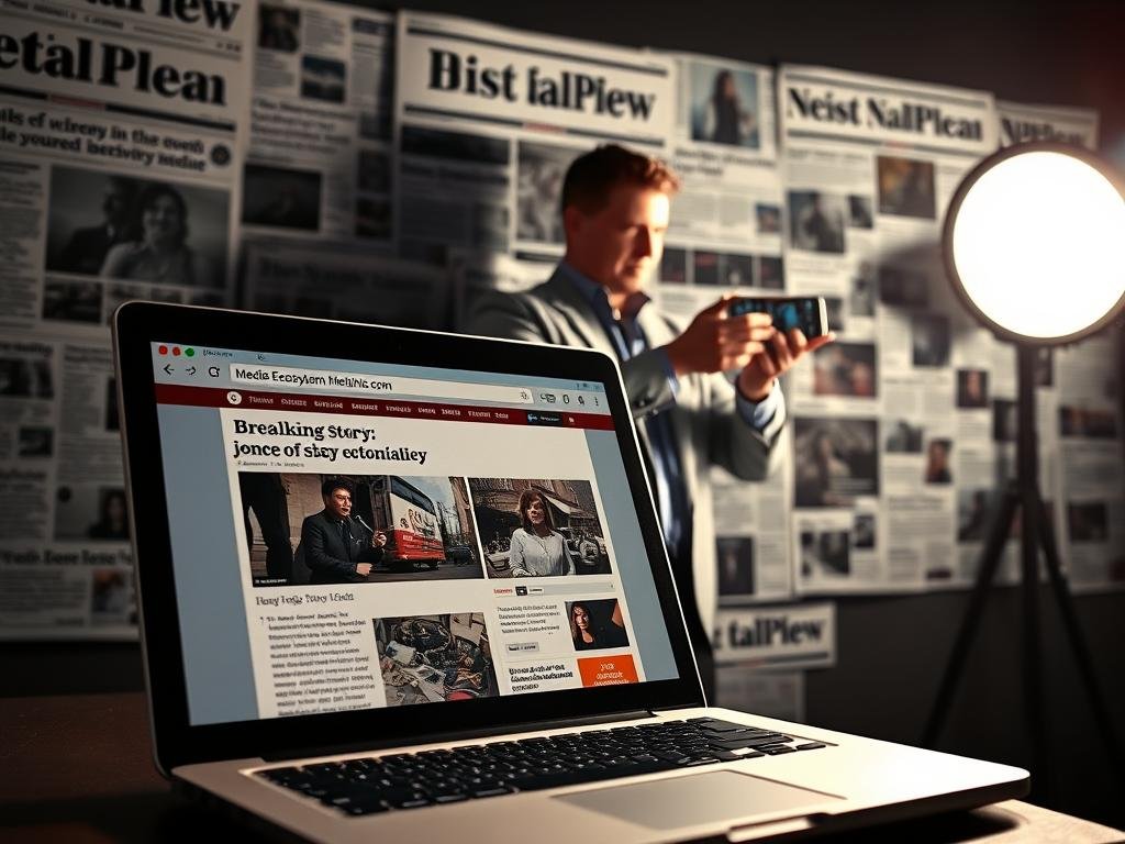 A visually striking media ecosystem scene. In the foreground, a laptop displaying a news article about a breaking story, the website's domain prominently featured. In the middle ground, a reporter gestures while interviewing a witness, a smartphone capturing video evidence. In the background, a collage of local newspaper headlines and social media feeds, conveying the rapidly evolving narrative. Dramatic lighting casts shadows, heightening the sense of urgency. The composition suggests the complexities of modern journalism, where traditional reporting, digital platforms, and citizen journalism converge to shape the public discourse.