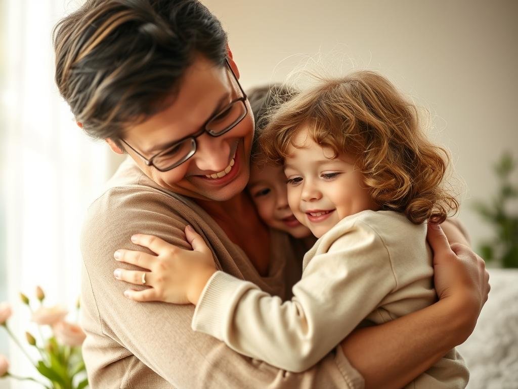 A warm and comforting scene of a child being embraced by a caring adult, surrounded by a serene, nurturing environment. Soft, diffused lighting casts a gentle glow, conveying a sense of safety and healing. In the background, subtle symbols of growth and renewal, such as blooming flowers or a peaceful nature scene, represent the transformative power of trauma-informed care. The subjects' expressions convey empathy, understanding, and the promise of a brighter future, encouraging the viewer to feel the power of connection and support during difficult times.