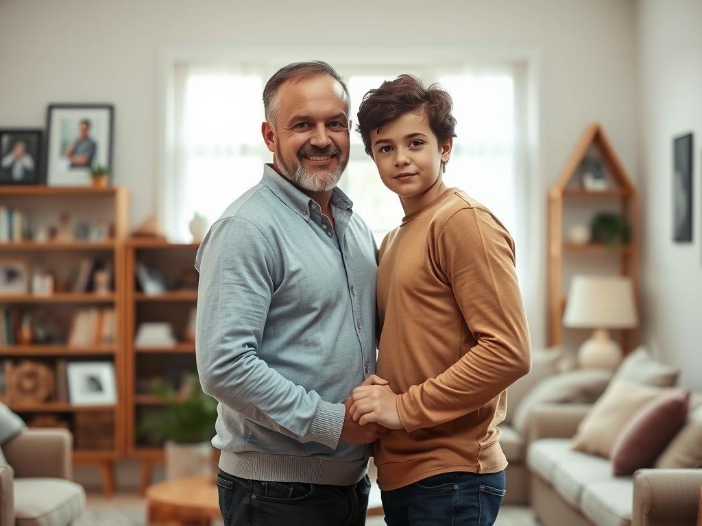 A warm and intimate family portrait, showcasing the restoration of bonds between a father and child. In the foreground, the father and child stand close, their bodies turned towards each other, hands clasped in a gesture of reconnection. Their expressions are serene and hopeful, conveying the quiet strength of their renewed relationship. The middle ground features a cozy, well-lit living room, with soft lighting filtering through large windows, casting a gentle glow on the scene. In the background, hints of a family home - framed photographs, bookshelves, and personal mementos - create a sense of comfort and familiarity. The overall atmosphere is one of healing, understanding, and the profound joy of mending broken ties.