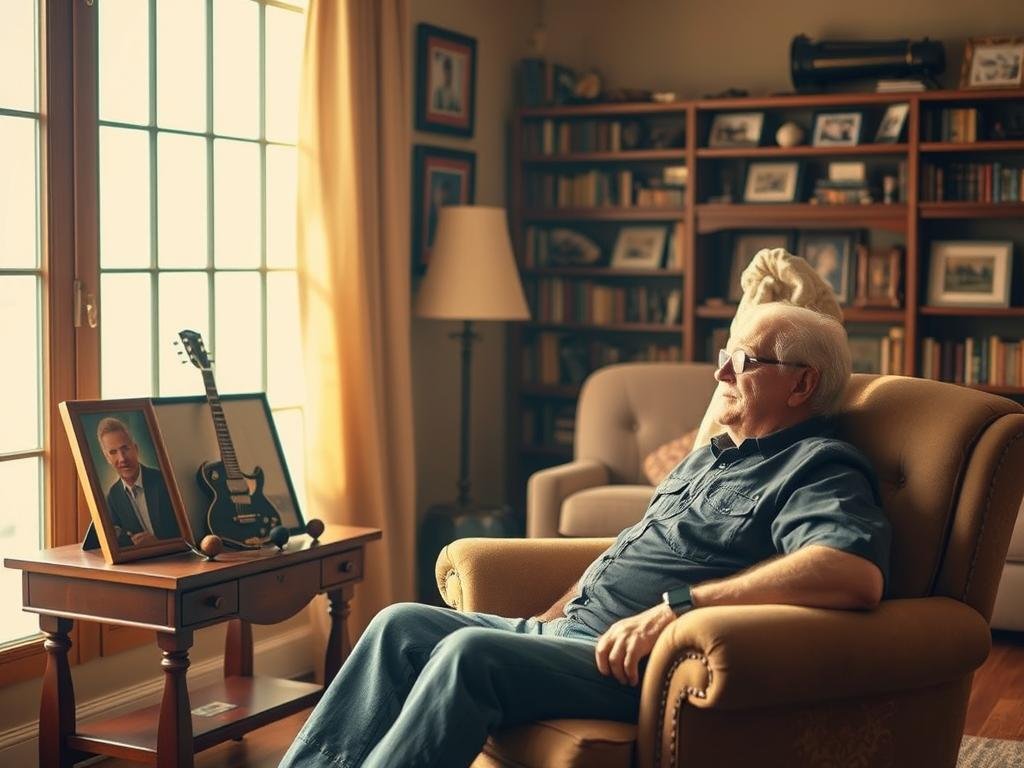 A warm and inviting living room scene, with a comfortable armchair in the foreground. Danny Shirley, lead vocalist of Confederate Railroad, sits in the chair, gazing thoughtfully out a large window. Warm, natural lighting filters in, casting a soft glow over the room. In the middle ground, a guitar and framed photos of the band adorn a wooden side table, hinting at Shirley's musical career and connection with his fans. The background features bookshelves filled with memorabilia, reflecting Shirley's wisdom and experience. An atmosphere of quiet contemplation and appreciation for the artist's legacy permeates the scene, inviting viewers to feel a sense of connection and support for Shirley and his band, Confederate Railroad.