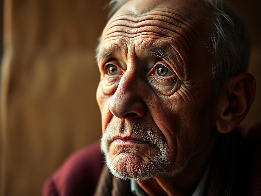 A warm, contemplative portrait of an elder gentleman, his face weathered by life's experiences, gazing pensively into the distance. The lighting is soft and diffused, casting a gentle glow on his features, conveying a sense of quiet wisdom and introspection. The background is blurred, placing the focus on the subject's expressive eyes and thoughtful expression. The composition is balanced, with the gentleman centered and occupying the majority of the frame, creating an intimate and engaging atmosphere that invites the viewer to reflect on the depth of his "words of wisdom."