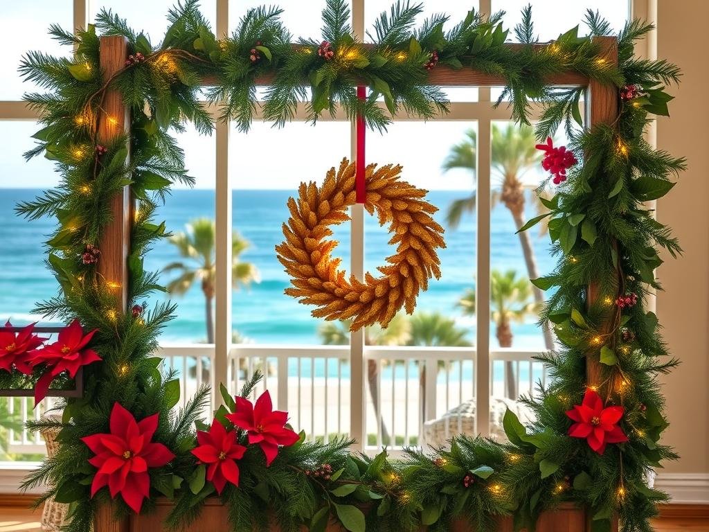 A warm, festive display of seasonal decor adorns the Emerald Coast. In the foreground, a lush, verdant garland entwines a rustic wooden frame, accented with twinkling string lights. Sprays of crimson poinsettias and fragrant pine branches add pops of holiday cheer. In the middle ground, an ornate golden wreath hangs proudly, its reflective surface catching the soft, natural light filtering through large windows. In the background, a panoramic view of the sparkling azure waters and swaying palm trees evokes the coastal charm of the region. The overall scene exudes a cozy, inviting atmosphere, perfectly capturing the spirit of the Emerald Coast during the most wonderful time of the year. A warm, festive display of seasonal decor adorns the Emerald Coast. In the foreground, a lush, verdant garland entwines a rustic wooden frame, accented with twinkling string lights. Sprays of crimson poinsettias and fragrant pine branches add pops of holiday cheer. In the middle ground, an ornate golden wreath hangs proudly, its reflective surface catching the soft, natural light filtering through large windows. In the background, a panoramic view of the sparkling azure waters and swaying palm trees evokes the coastal charm of the region. The overall scene exudes a cozy, inviting atmosphere, perfectly capturing the spirit of the Emerald Coast during the most wonderful time of the year.