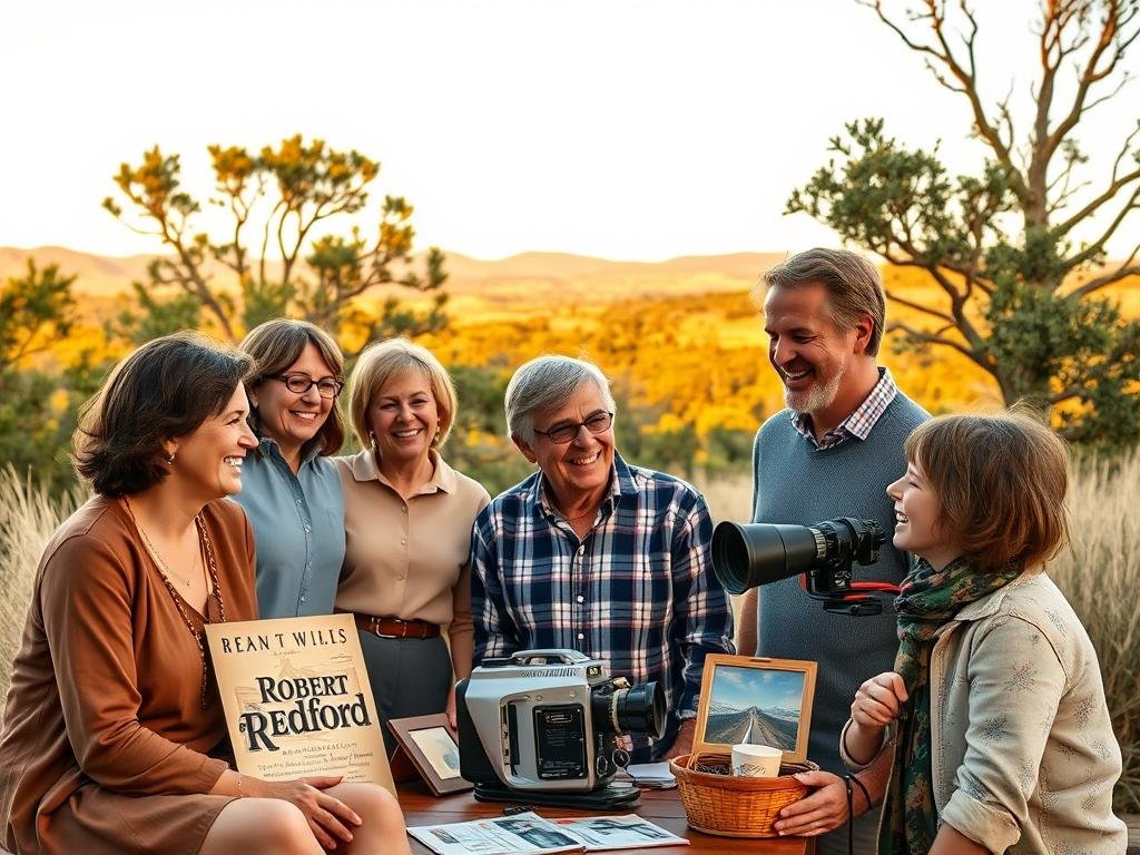 A warm, nostalgic scene depicting Robert Redford's legacy, featuring a family gathering in a serene outdoor setting. In the foreground, a diverse group of family members, dressed in modest, casual clothing, smile warmly as they engage in heartfelt conversations. In the middle ground, film memorabilia such as vintage posters and a classic movie camera hint at his illustrious film career. The background showcases a picturesque landscape with lush trees and a golden sunset, evoking feelings of hope and legacy. Soft, natural lighting bathes the scene in a golden hue, creating an intimate atmosphere. The composition is captured from a slight upward angle, emphasizing both the family connection and the influence of Redford's artistic contributions. The overall mood is celebratory yet reflective, highlighting family, films, and philanthropy.