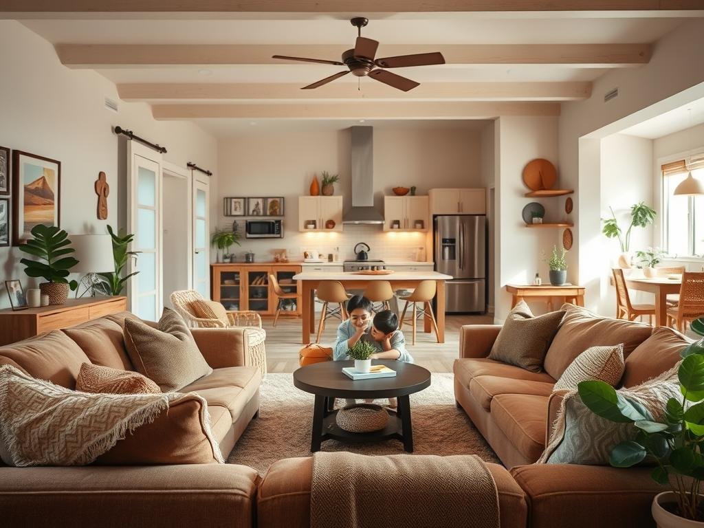 A warm, welcoming interior of a cozy home for single mothers and children, with an emphasis on trauma-informed care. The foreground features a comfortable living room with plush, earth-toned furniture and soft lighting, creating an atmosphere of safety and relaxation. In the middle ground, a playful, well-equipped children's area encourages healing through play. The background showcases an open kitchen and dining space, where healthy meals and supportive conversations take place. Calming, muted colors, natural textures, and thoughtful decor elements convey a sense of care, understanding, and community. The overall scene evokes a nurturing, holistic environment that empowers mothers and children to overcome past traumas and thrive.
