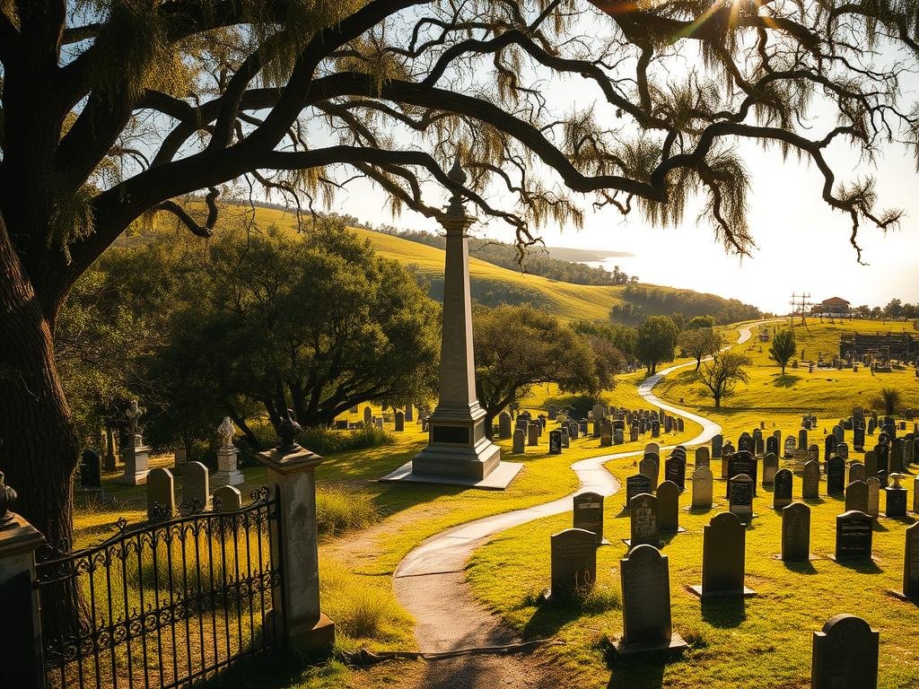 A weathered, historical cemetery nestled among lush, rolling hills, with an ornate iron gate marking the entrance. In the foreground, the grand Marler Memorial monument stands tall, surrounded by the gravestones of the East Pass pioneers. Sunlight filters through the branches of gnarled oak trees, casting a warm, golden glow across the scene. In the middle ground, a winding path leads past rows of well-tended graves, each one a testament to the lives and legacies of the early settlers. The background reveals a glimpse of the sparkling Destin East Pass, where the pioneers once traversed the waters in search of a new life. An atmosphere of reverence and timeless tranquility permeates the entire landscape.
