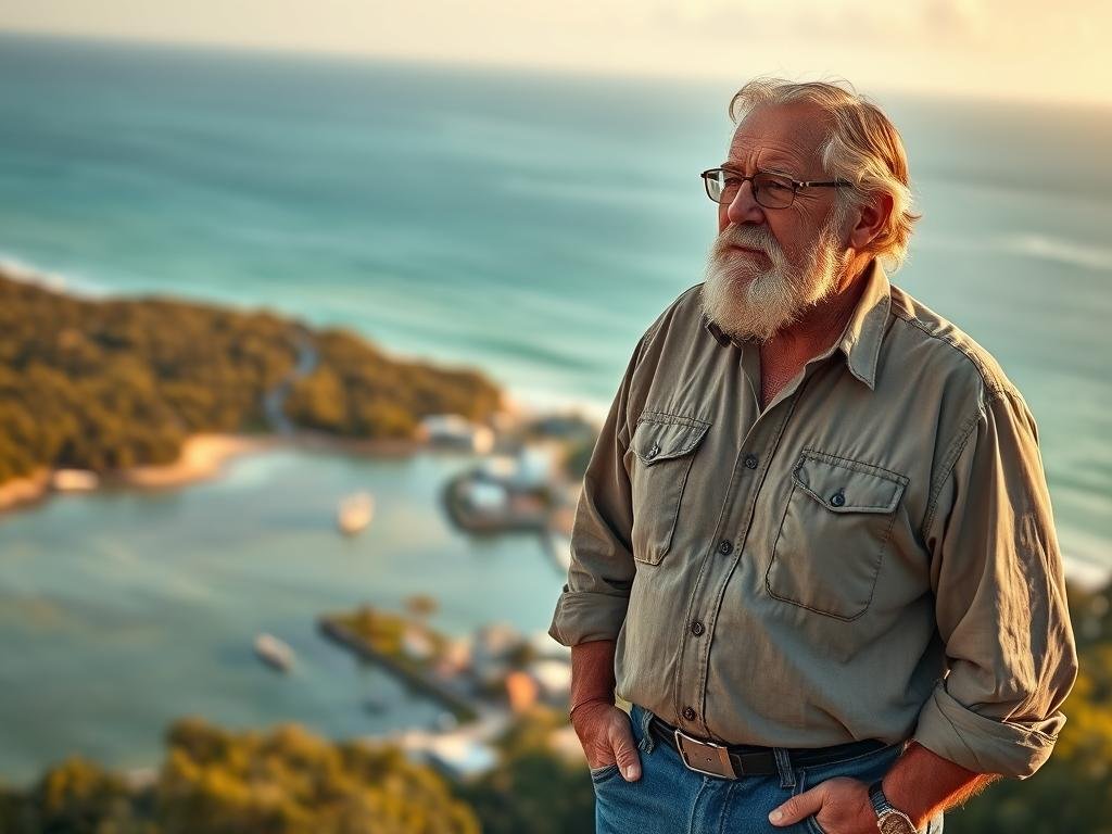 A weathered man with a rugged, salt-and-pepper beard stands tall, his gaze fixed on the horizon. William T. "Captain Billy" Marler, the patriarch of Destin, Florida, commands the scene. He is dressed in a worn, button-down shirt and worn denim jeans, his hands calloused from a lifetime spent on the water. In the middle ground, a quaint coastal town nestles between the sparkling emerald waters and the lush, verdant trees. The background is a breathtaking panorama of the Gulf of Mexico, the setting sun casting a warm, golden glow over the entire scene. This portrait captures the essence of a man who has dedicated his life to the sea and the community he has helped build.