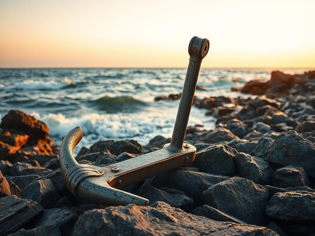 A weathered ship's anchor rests firmly on a rocky shoreline, its metallic surface glinting in the warm, golden light of the setting sun. Waves crash gently against the rocks, their rhythmic motion echoing the steadfast resilience of faith. In the background, a serene, cloudless sky stretches out, hinting at the boundless hope and reassurance that God's promises offer in the midst of life's storms. The anchor, a symbol of stability and security, is a tangible representation of the way our faith can anchor us to the unshakable foundation of God's unwavering commitment, even when the world around us seems turbulent and uncertain.