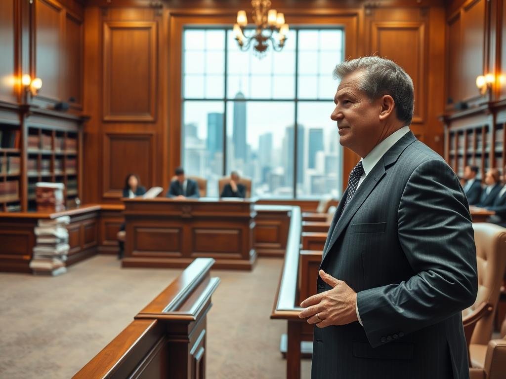 A well-lit courtroom interior with a wood-paneled walls, ornate judge's bench, and stacks of legal books lining the shelves. In the foreground, a middle-aged man in a crisp suit and tie stands at a podium, gesturing with confidence as he presents his case. Behind him, a jury box with attentive jurors, and in the background, a large window overlooking a bustling city skyline. The scene conveys a sense of authority, gravitas, and the weight of judicial responsibility.